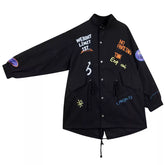 Moderner schwarzer Peter-Pan-Kragen, Reißverschluss, langärmliger Denim-Trenchcoat